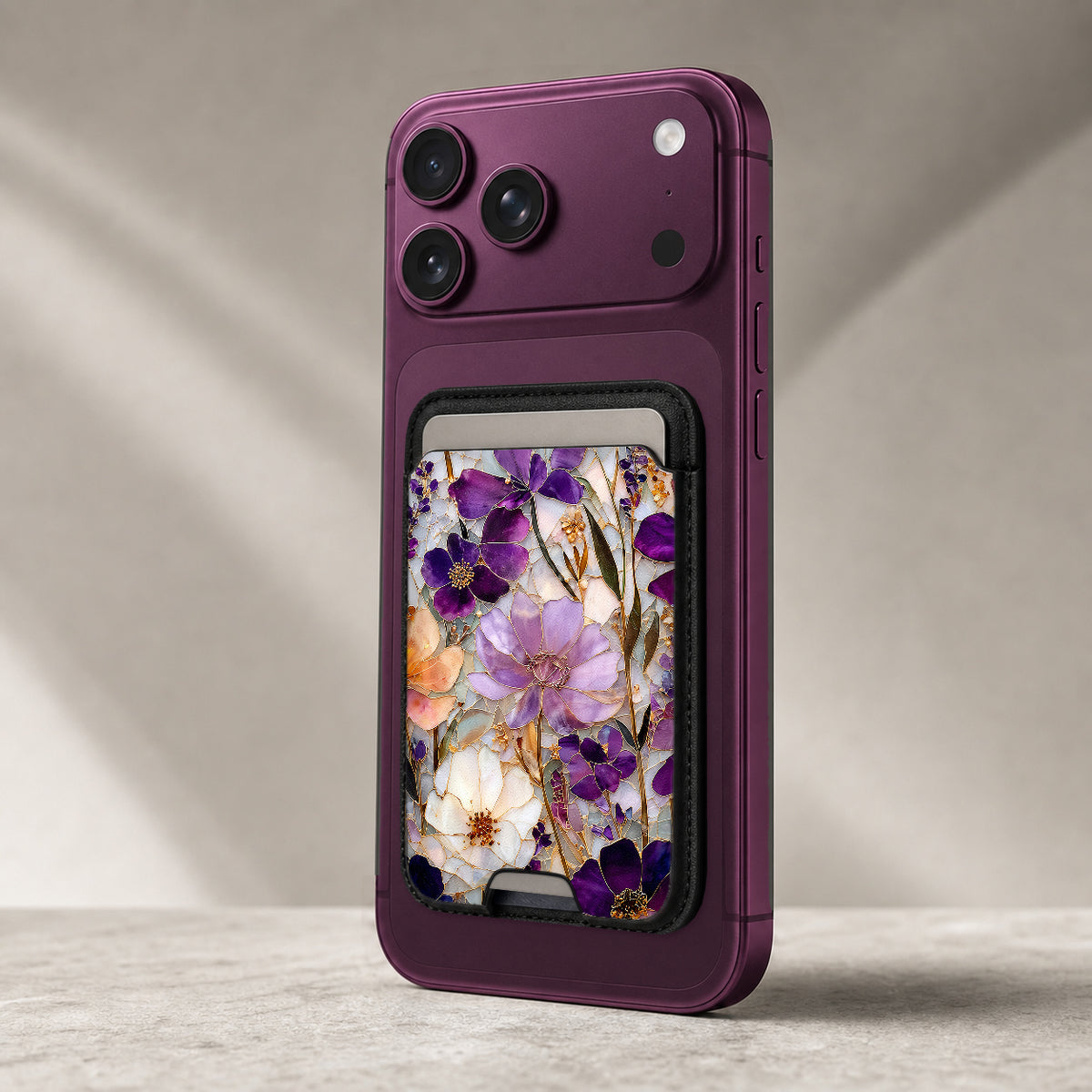 Purple Pressed Flower Garden MagSafe card holder showing the detailed leather finish