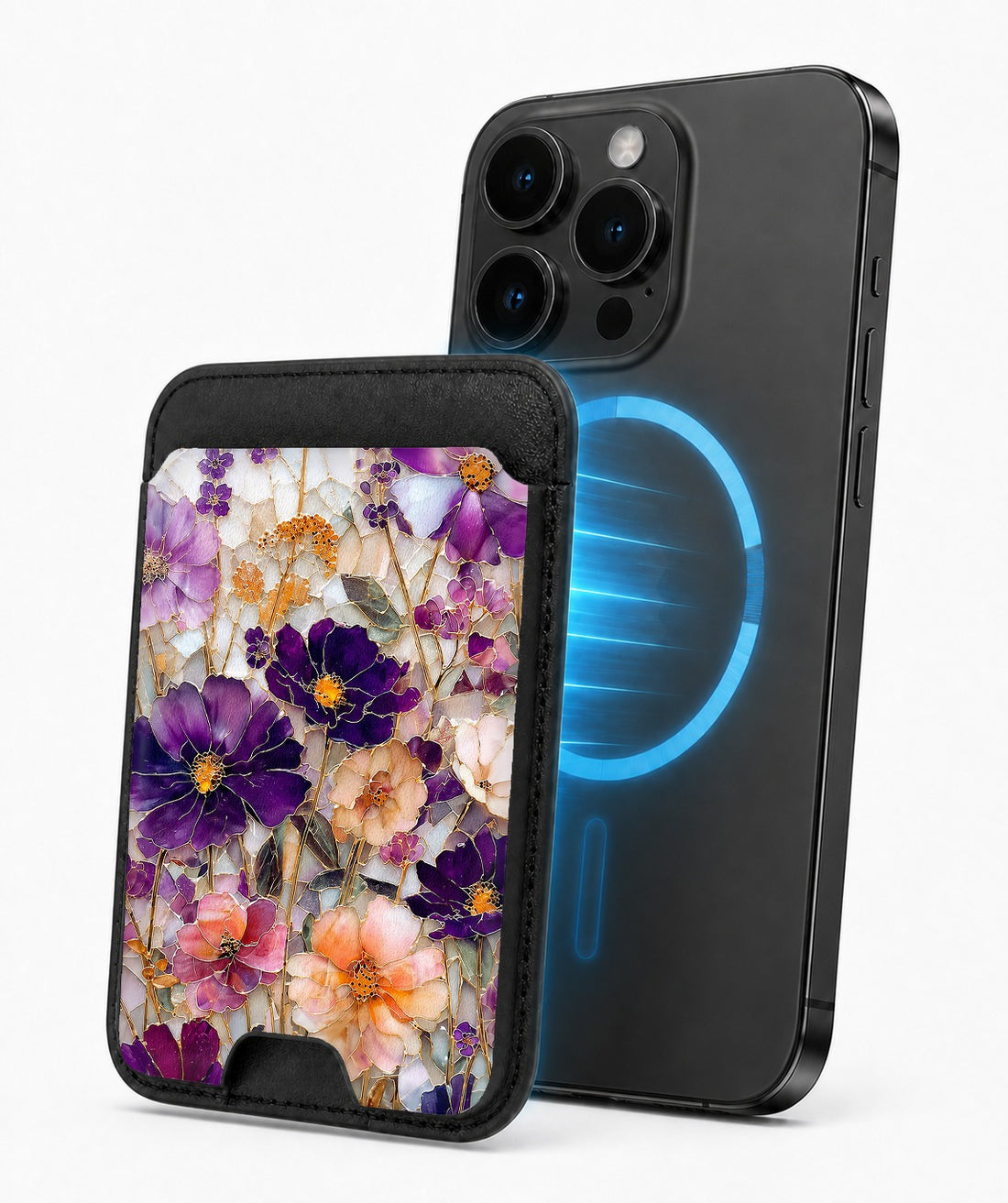 Purple Wildflower Glass Garden MagSafe card holder attached to a compatible iPhone