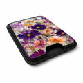 Purple Wildflower Glass Garden MagSafe card holder showing the angled leather surface