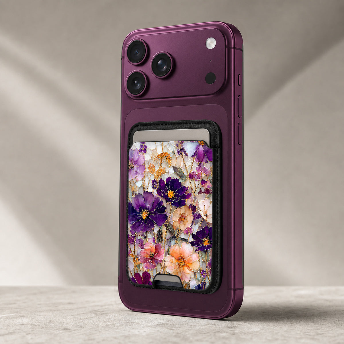 Purple Wildflower Glass Garden MagSafe card holder showing the detailed leather finish