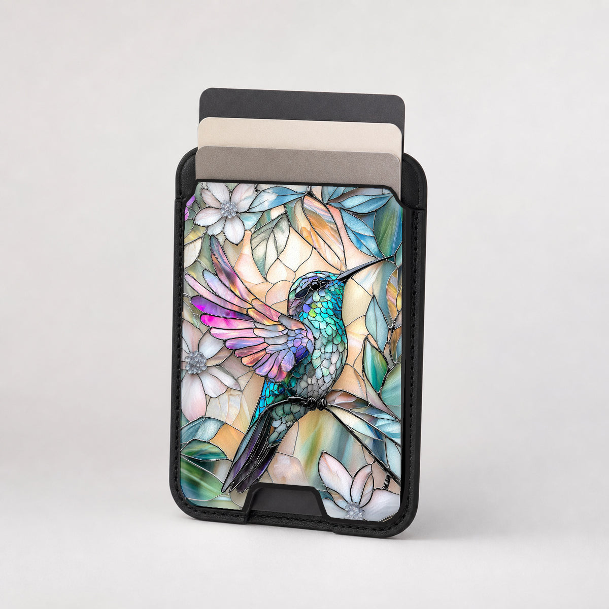 Pastel Butterfly Stained Glass MagSafe card holder showing the patterned front