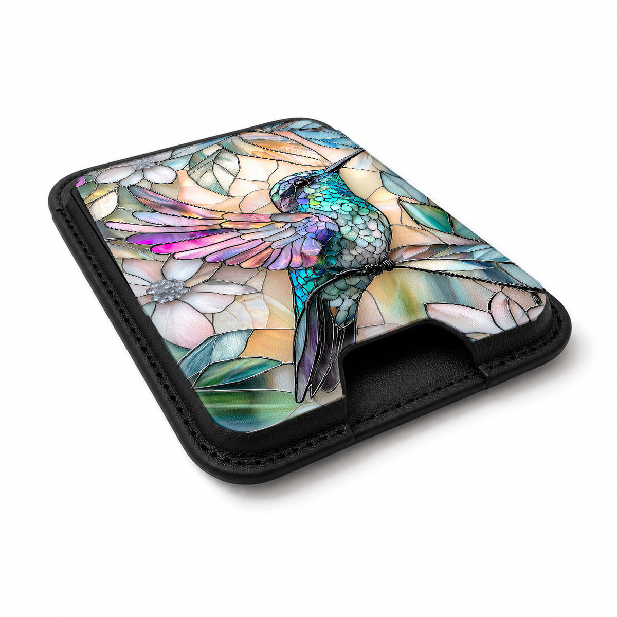 Pastel Butterfly Stained Glass MagSafe card holder showing the angled leather surface