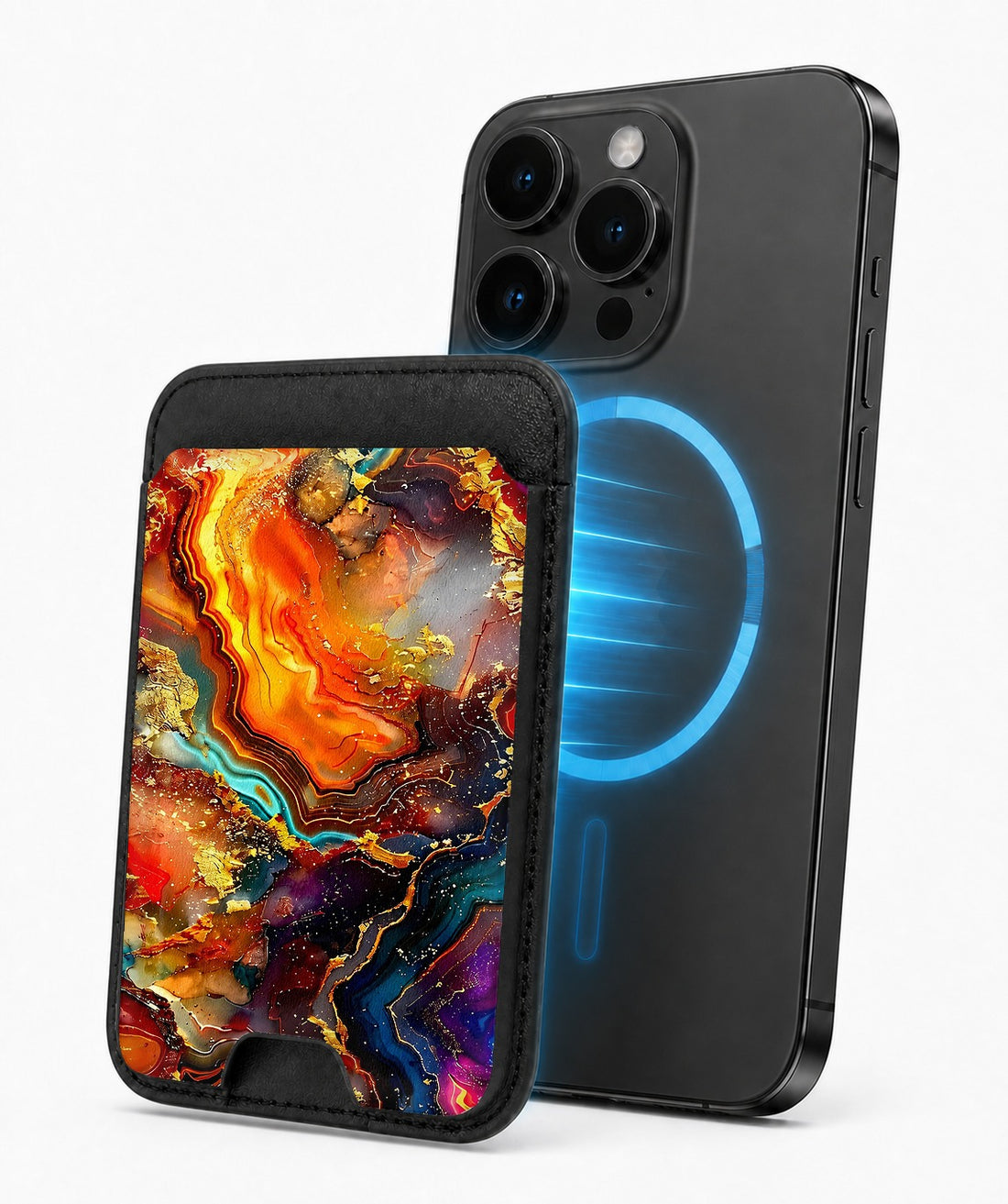 Fiery Agate Marble MagSafe card holder attached to a compatible iPhone