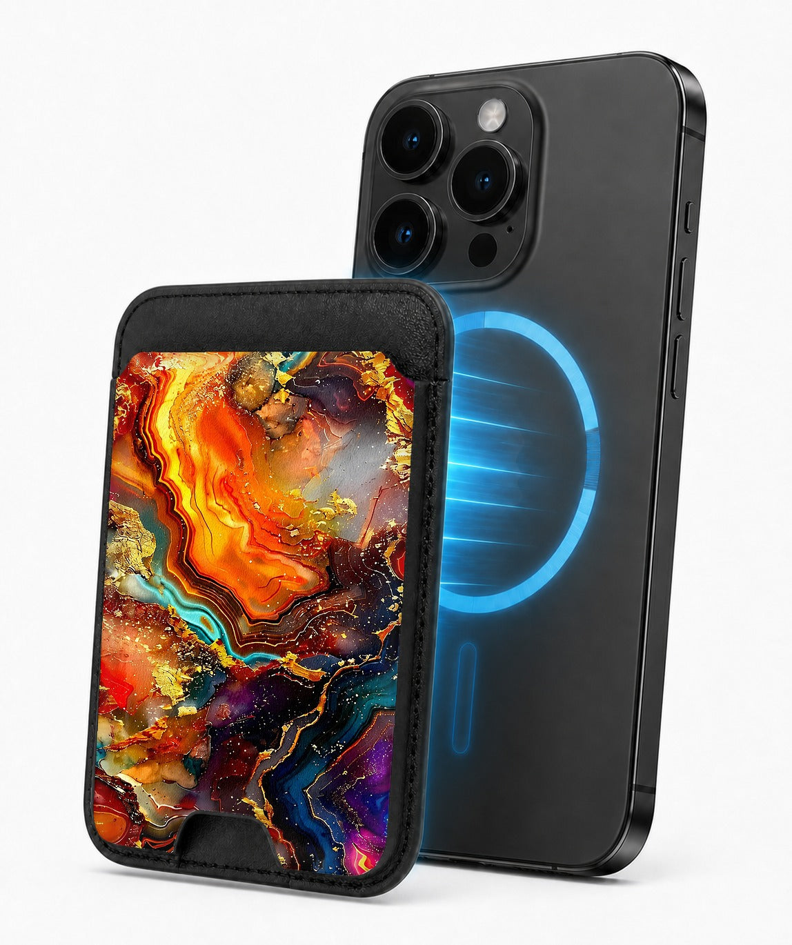 Fiery Agate Marble MagSafe card holder attached to a compatible iPhone