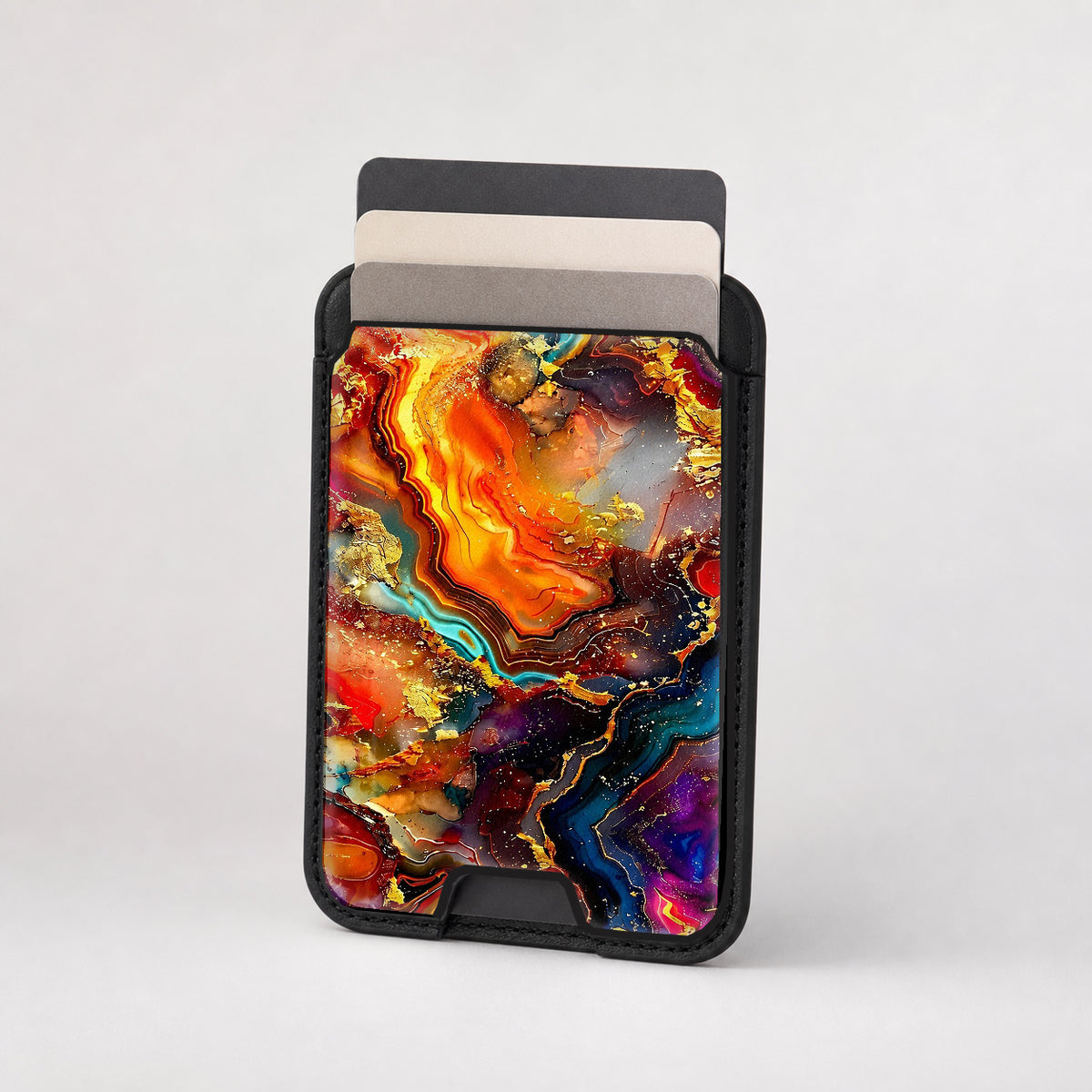 Fiery Agate Marble MagSafe card holder showing the patterned front