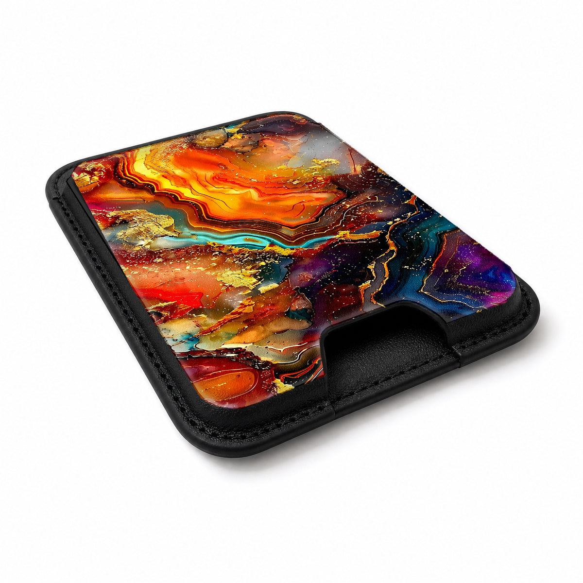 Fiery Agate Marble MagSafe card holder showing the angled leather surface