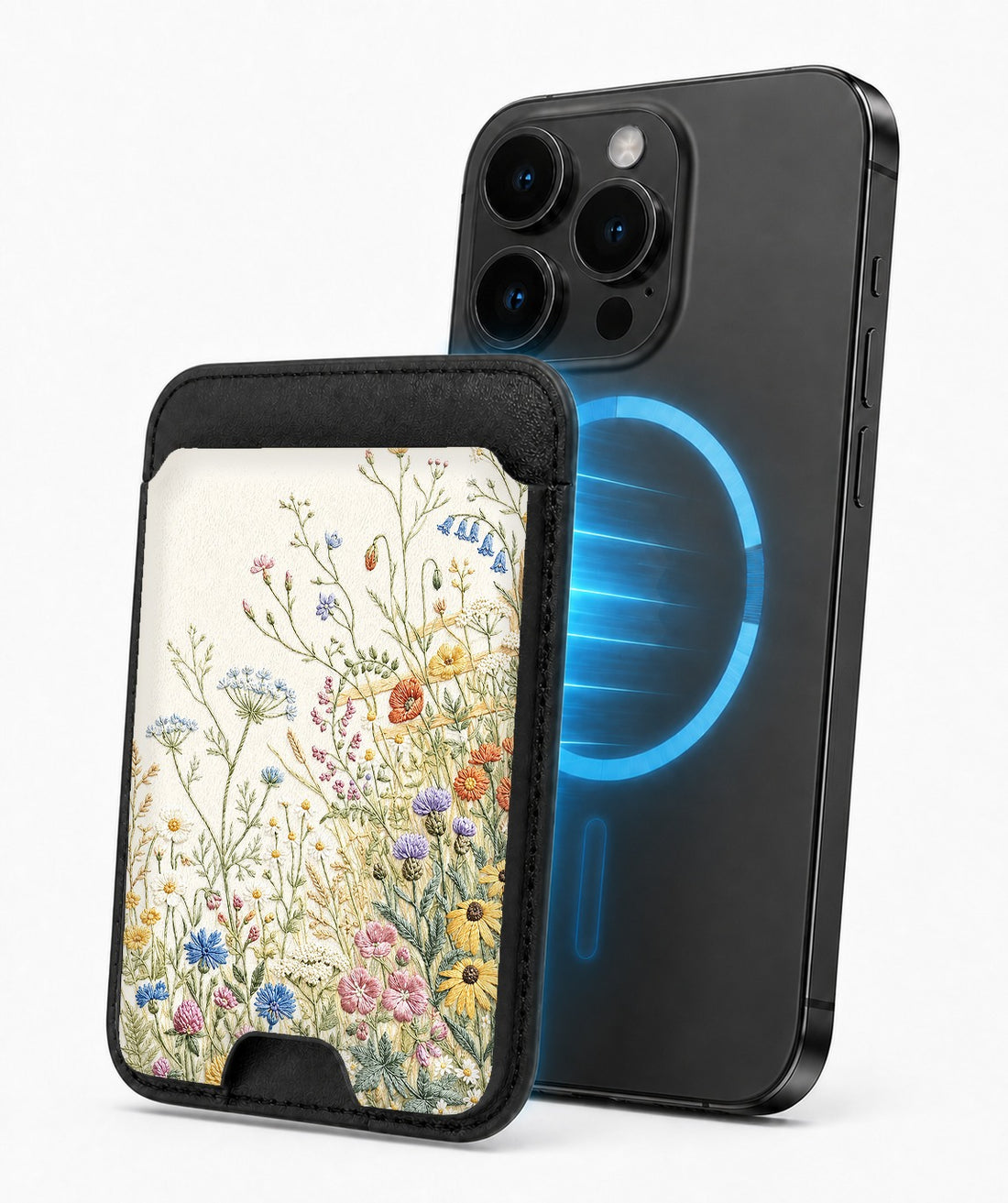 Vintage Wildflower Meadow MagSafe card holder attached to a compatible iPhone
