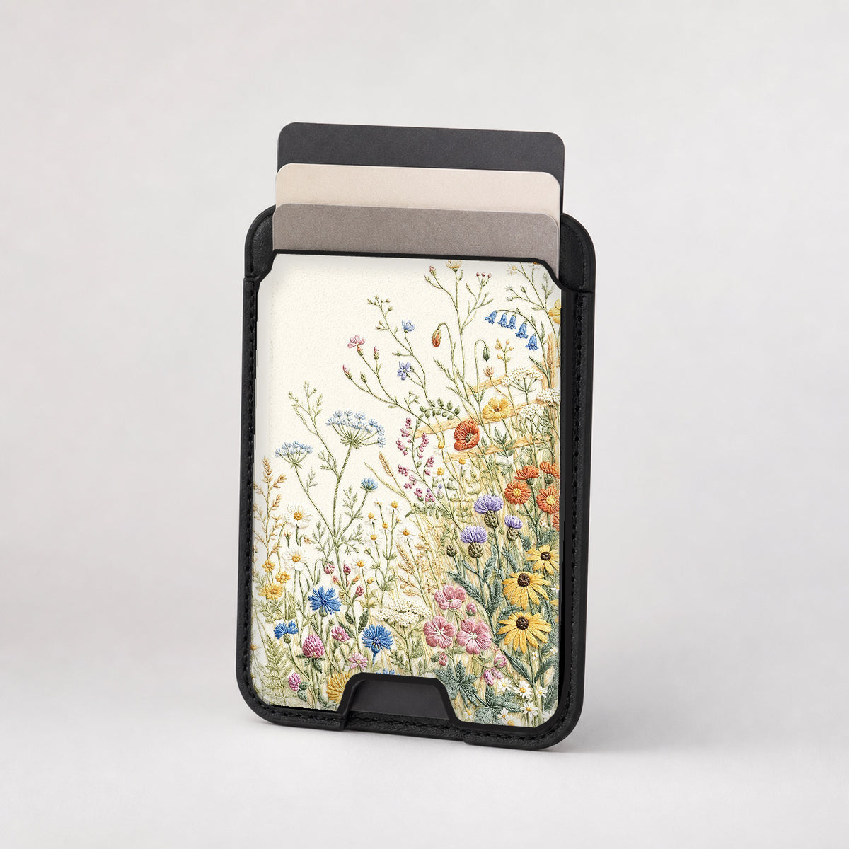 Vintage Wildflower Meadow MagSafe card holder showing the patterned front