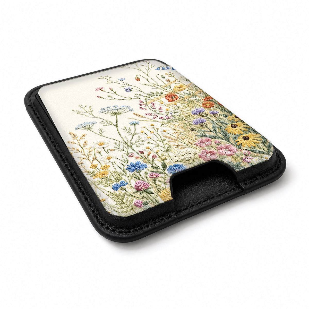 Vintage Wildflower Meadow MagSafe card holder showing the angled leather surface