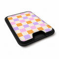 Lavender Peach Checkerboard MagSafe card holder showing the angled leather surface