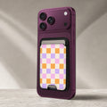 Lavender Peach Checkerboard MagSafe card holder showing the detailed leather finish