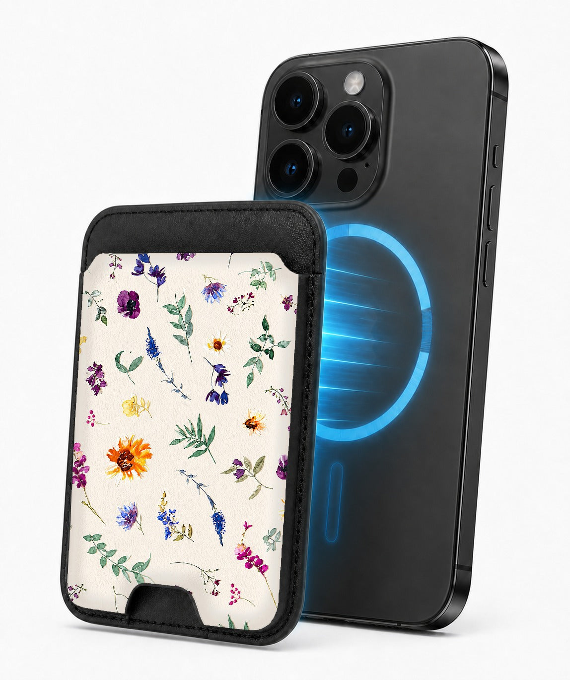 Delicate Mixed Wildflower MagSafe card holder attached to a compatible iPhone