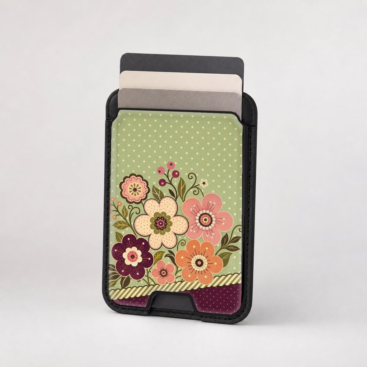 Sage Retro Folk Floral MagSafe card holder showing the patterned front