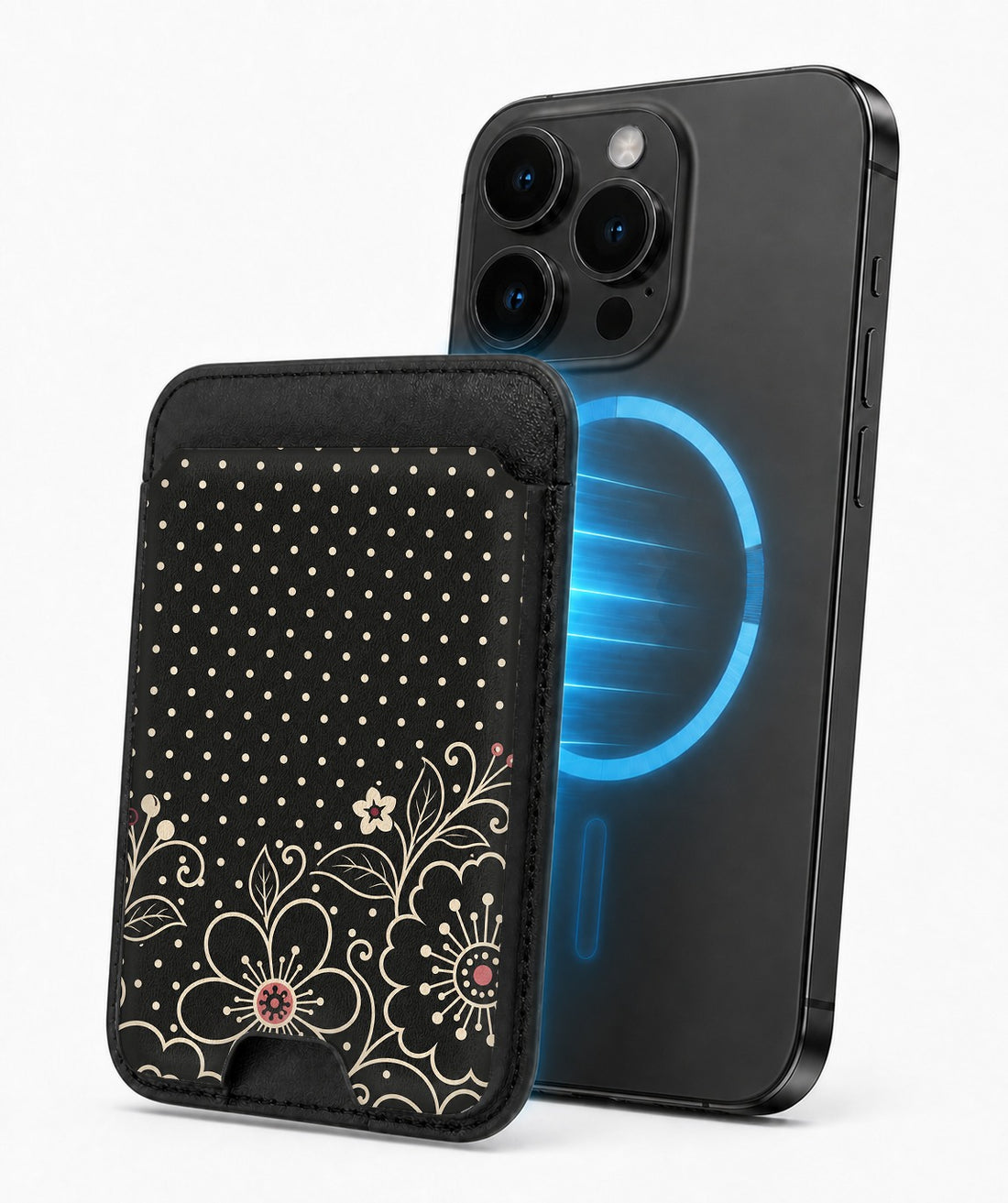 Black Pink Henna Floral MagSafe card holder attached to a compatible iPhone