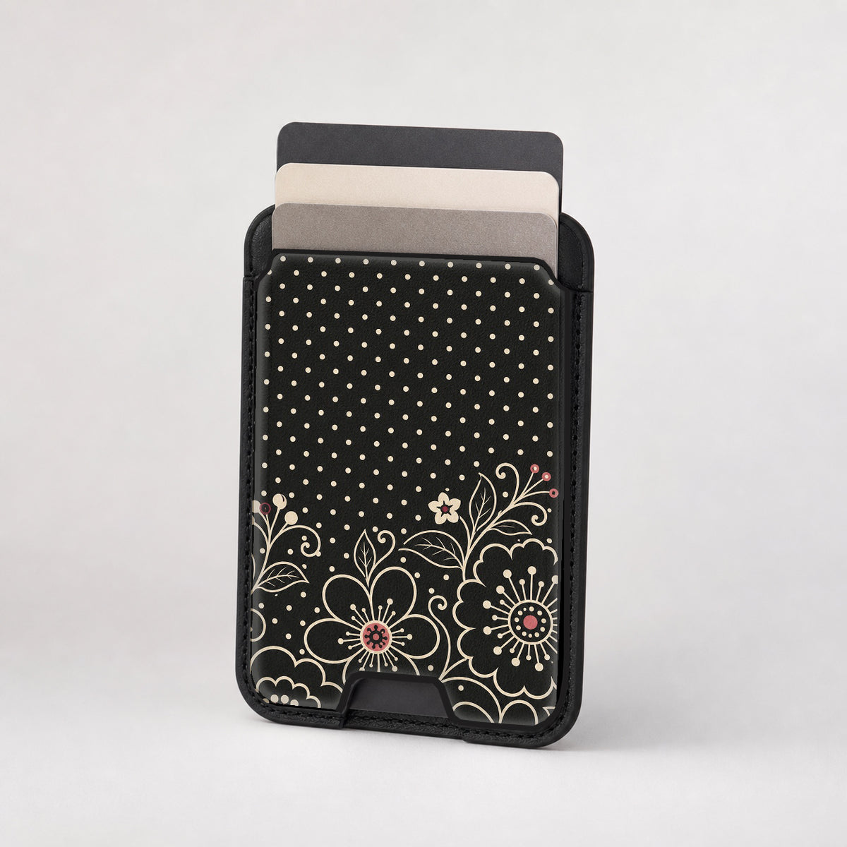 Black Pink Henna Floral MagSafe card holder showing the patterned front