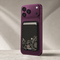 Black Pink Henna Floral MagSafe card holder showing the detailed leather finish