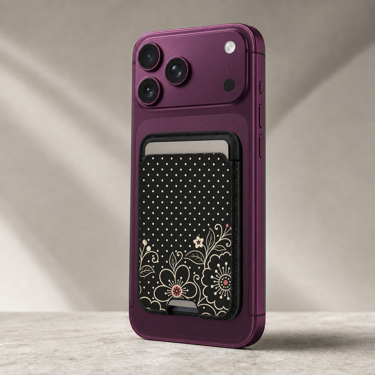 Black Pink Henna Floral MagSafe card holder showing the detailed leather finish