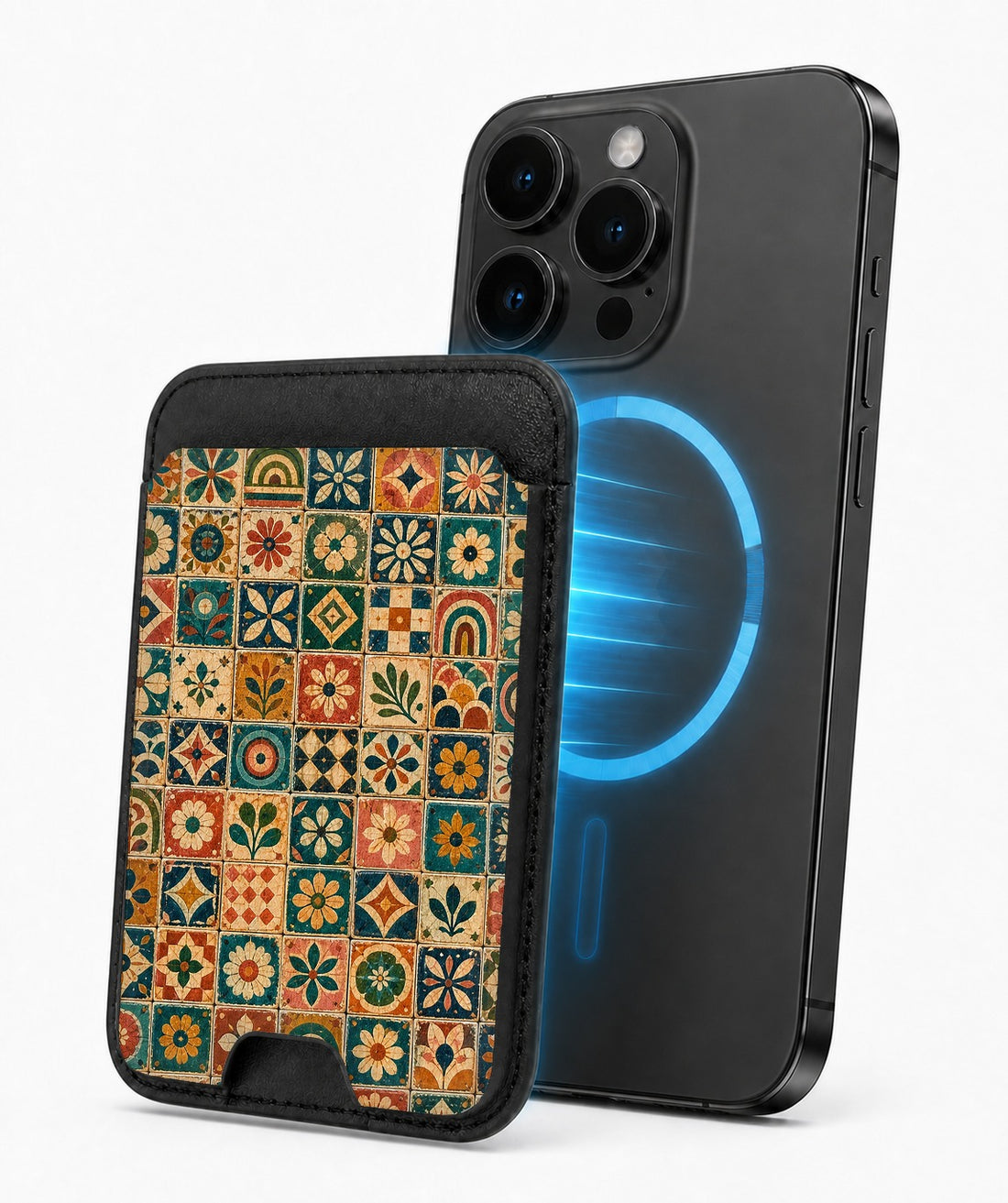 Moroccan Mosaic Tile MagSafe card holder attached to a compatible iPhone