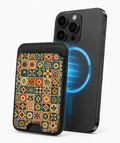 Moroccan Mosaic Tile MagSafe card holder attached to a compatible iPhone