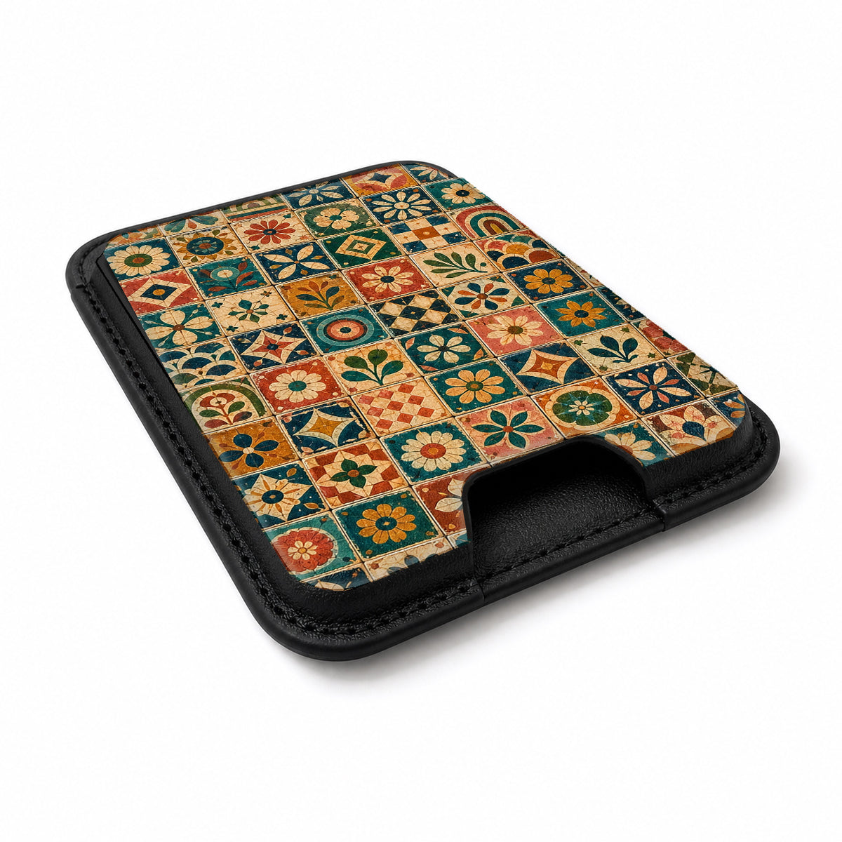 Moroccan Mosaic Tile MagSafe card holder showing the angled leather surface