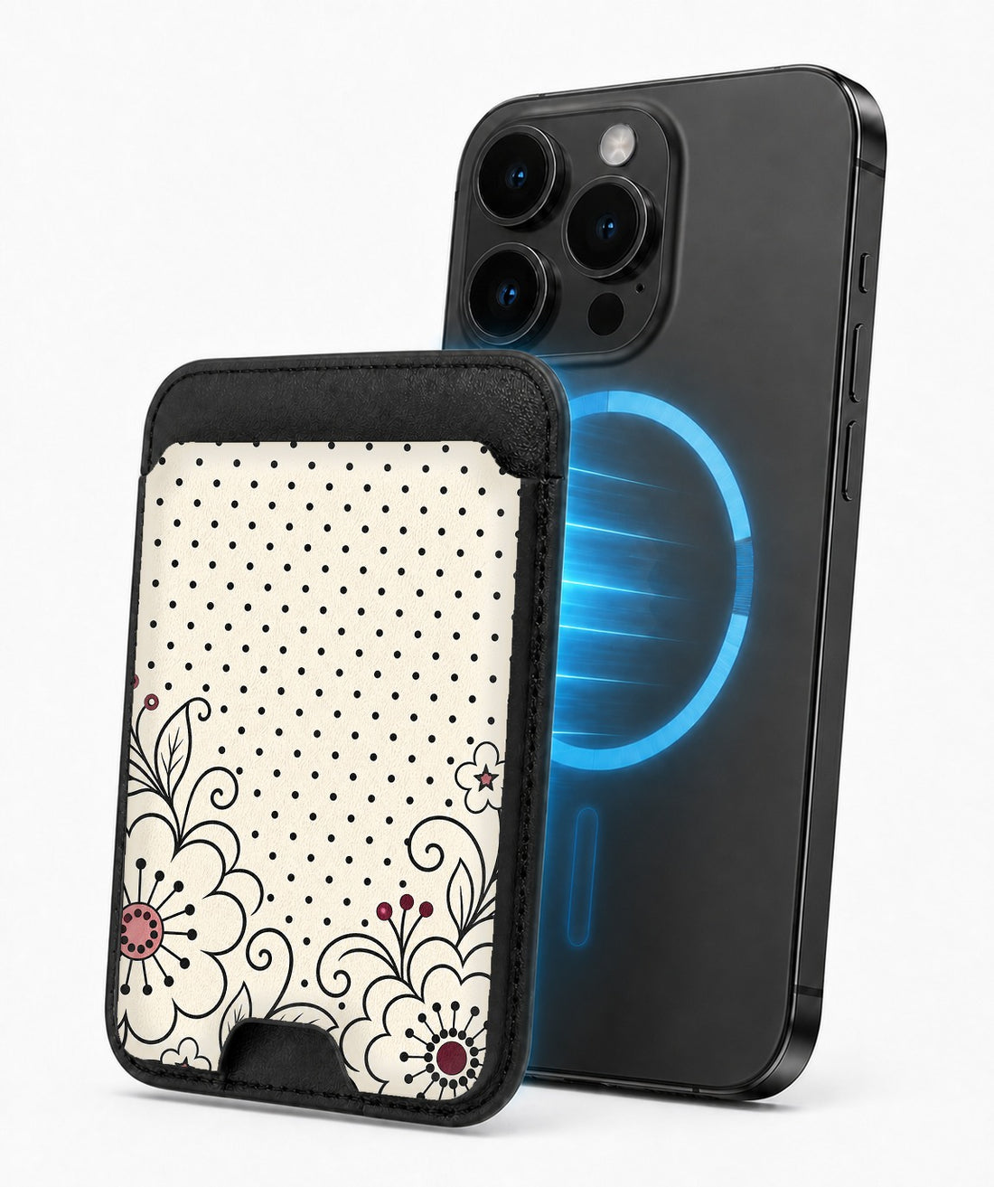 Black White Doodle Floral MagSafe card holder attached to a compatible iPhone