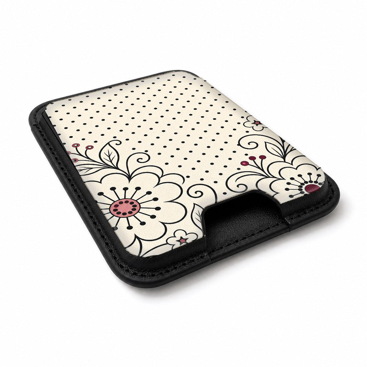 Black White Doodle Floral MagSafe card holder showing the angled leather surface
