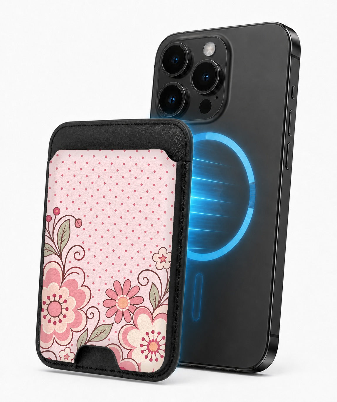 Pink Retro Doodle Floral MagSafe card holder attached to a compatible iPhone