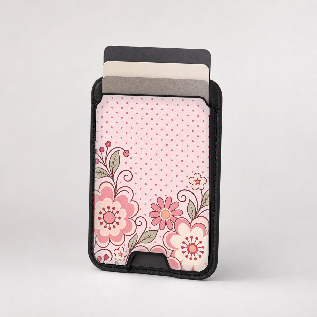 Pink Retro Doodle Floral MagSafe card holder showing the patterned front