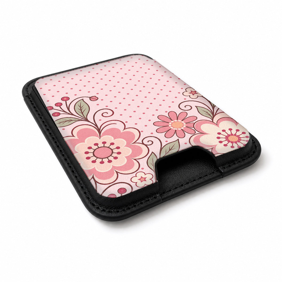 Pink Retro Doodle Floral MagSafe card holder showing the angled leather surface