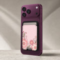 Pink Retro Doodle Floral MagSafe card holder showing the detailed leather finish