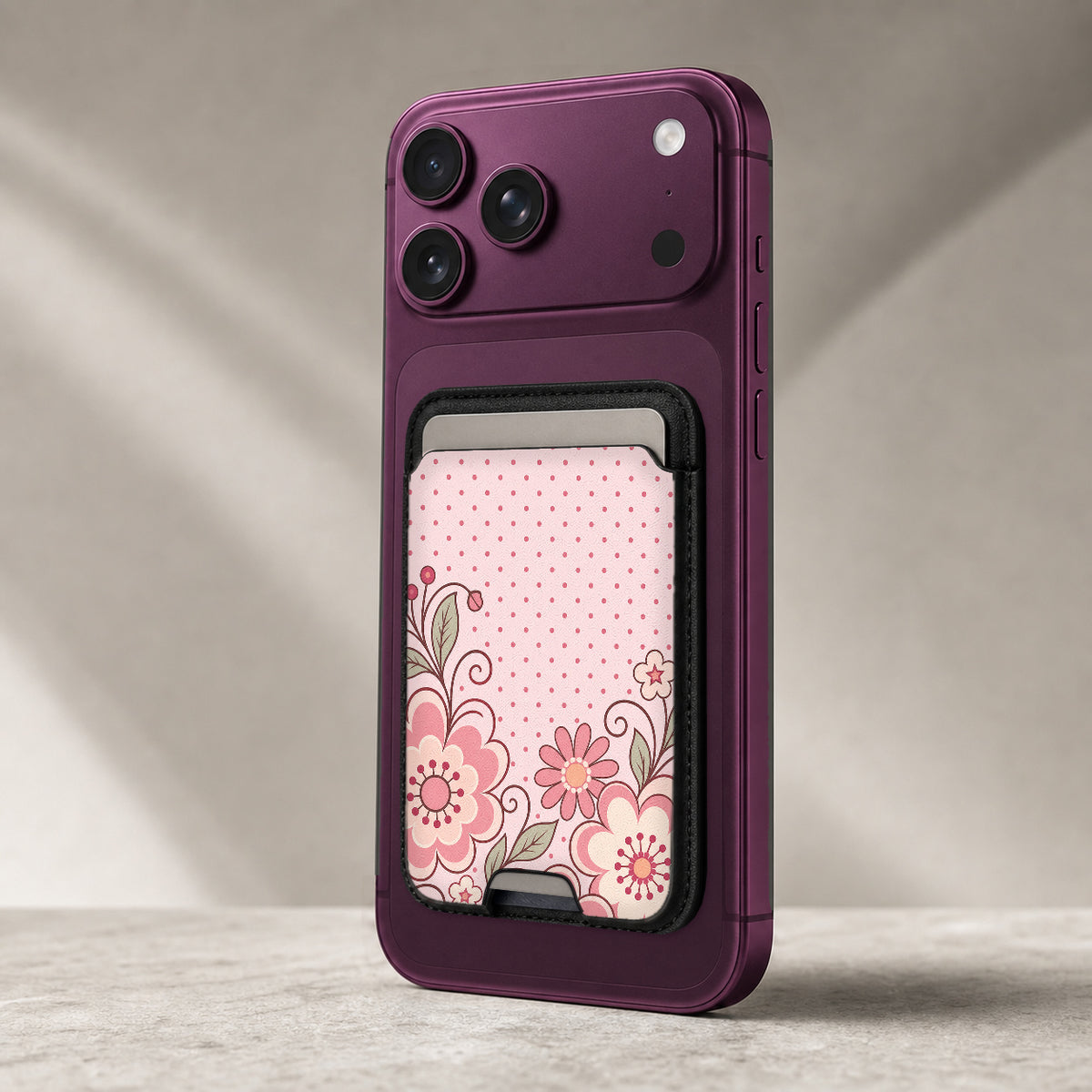 Pink Retro Doodle Floral MagSafe card holder showing the detailed leather finish