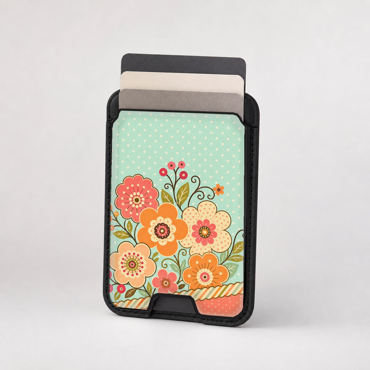 Mint Retro Folk Floral MagSafe card holder showing the patterned front