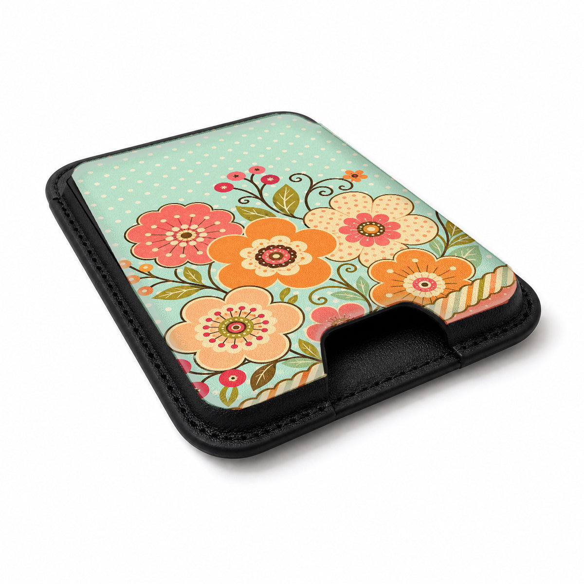 Mint Retro Folk Floral MagSafe card holder showing the angled leather surface