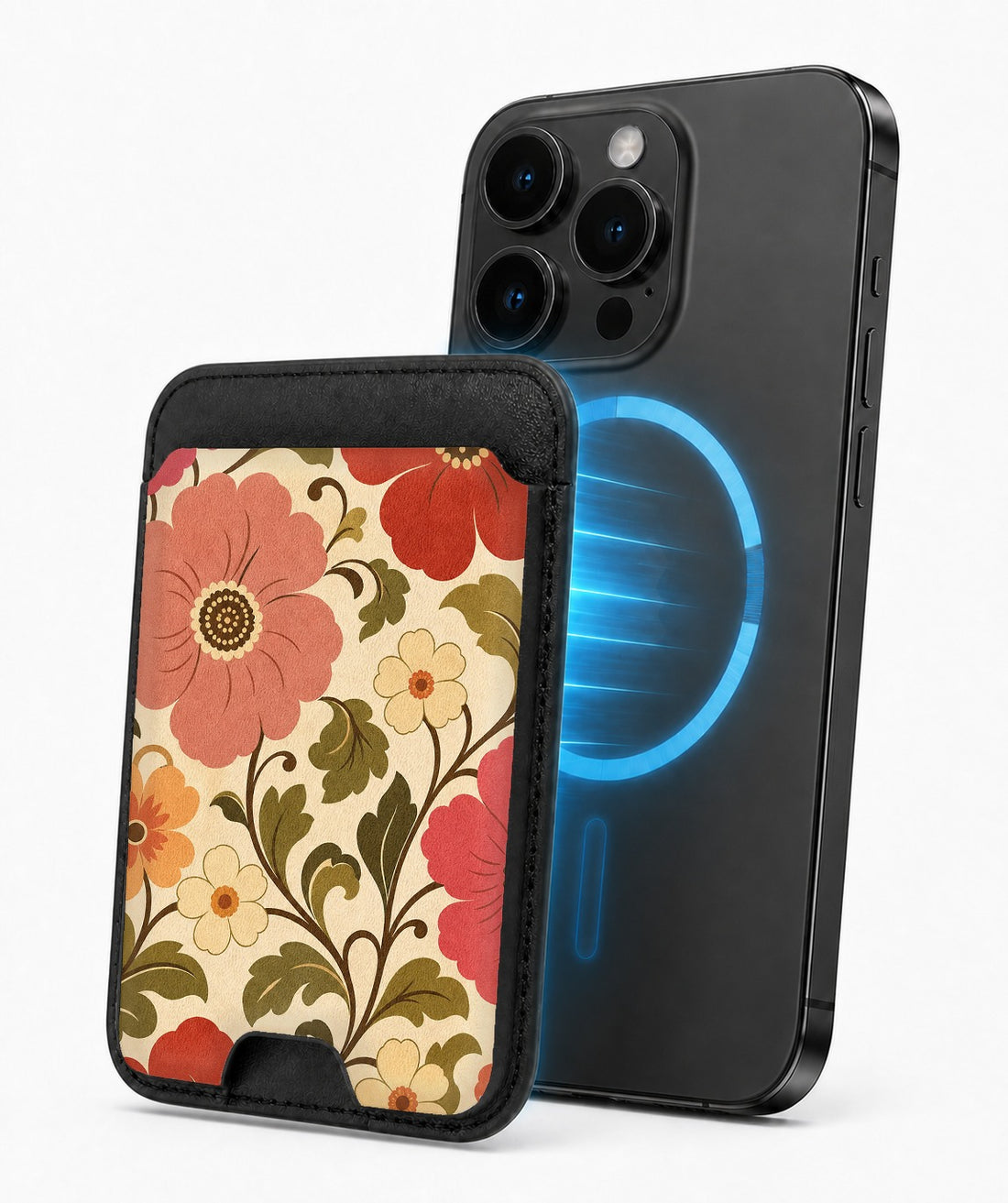 Coral Retro Folk Floral MagSafe card holder attached to a compatible iPhone
