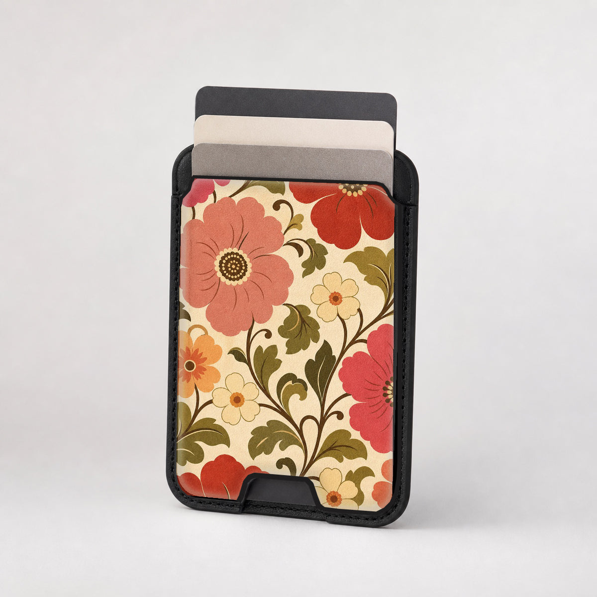 Coral Retro Folk Floral MagSafe card holder showing the patterned front