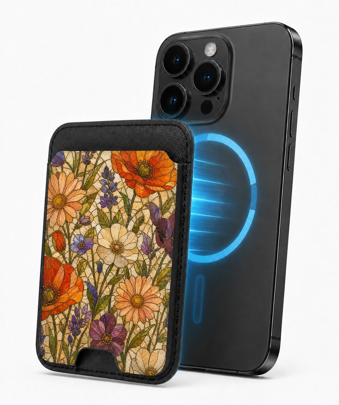 Vintage Autumn Wildflower MagSafe card holder attached to a compatible iPhone