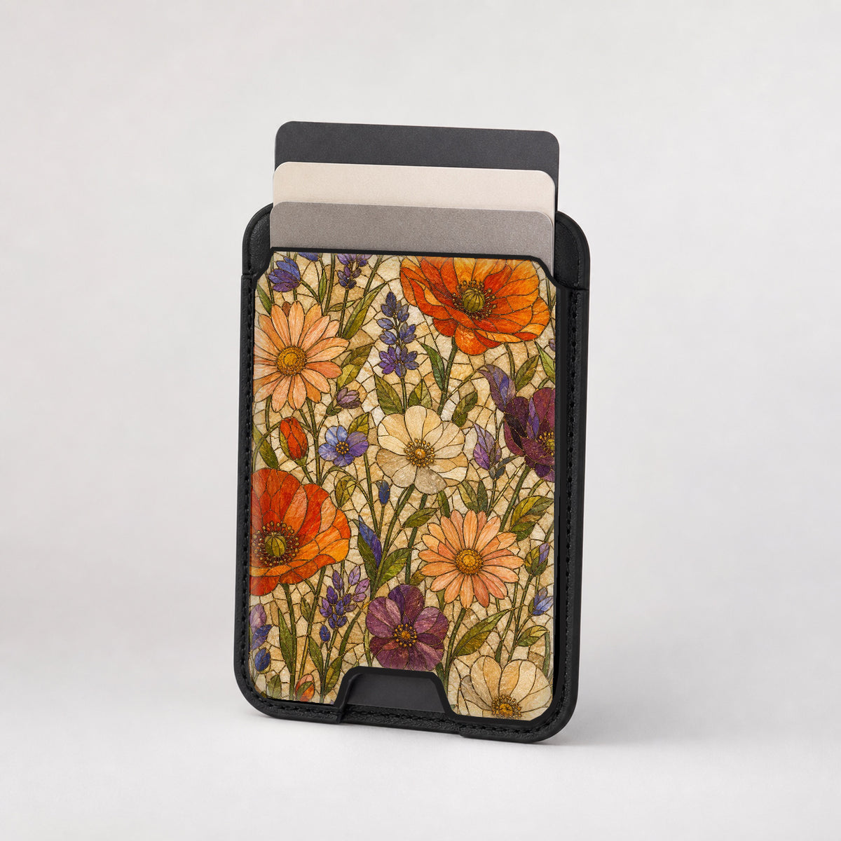 Vintage Autumn Wildflower MagSafe card holder showing the patterned front