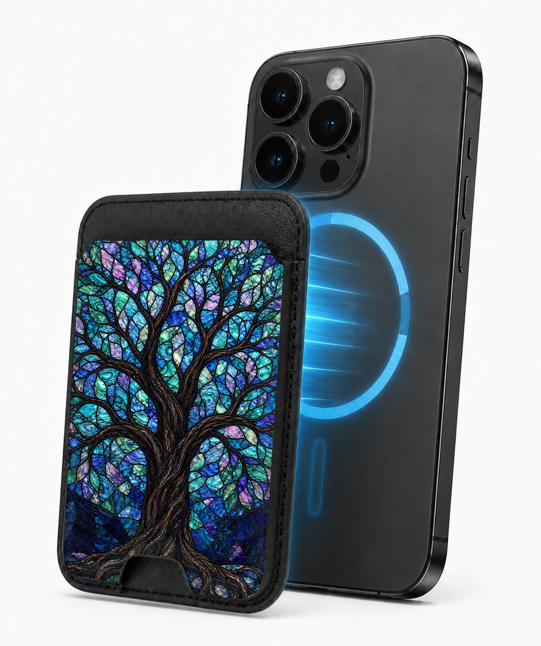 Mystical Tree of Life MagSafe card holder attached to a compatible iPhone