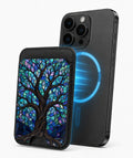 Mystical Tree of Life MagSafe card holder attached to a compatible iPhone