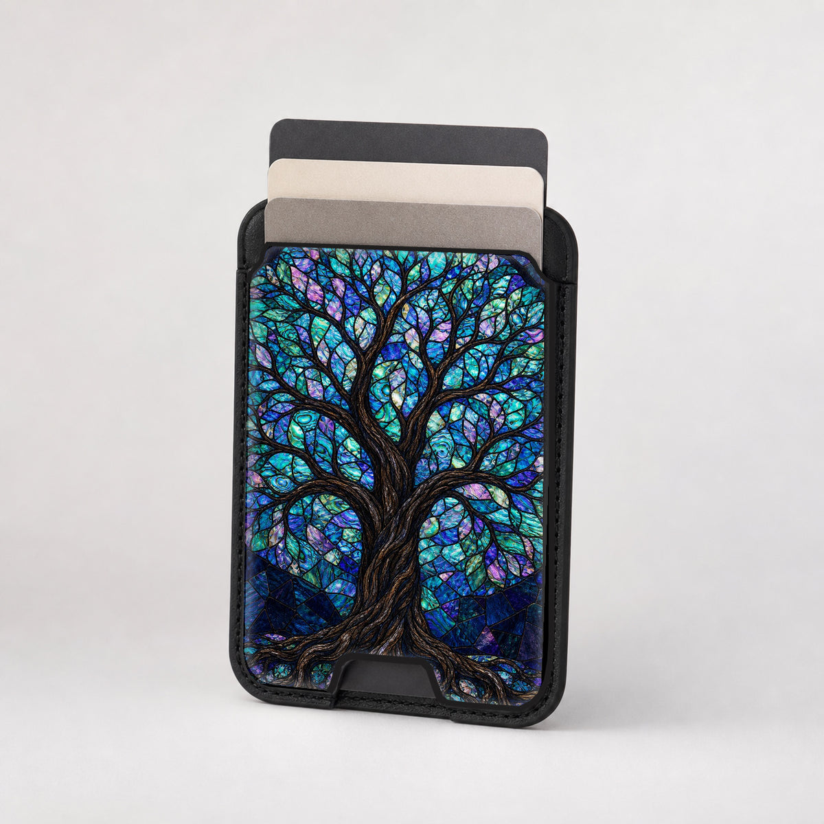 Mystical Tree of Life MagSafe card holder showing the patterned front