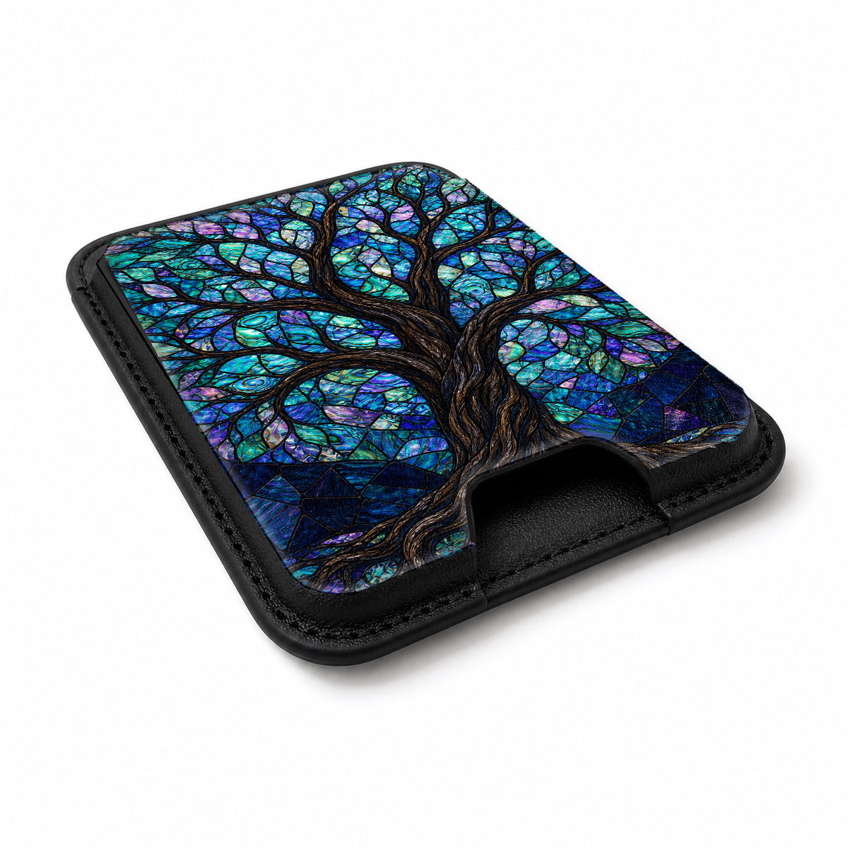Mystical Tree of Life MagSafe card holder showing the angled leather surface