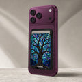 Mystical Tree of Life MagSafe card holder showing the detailed leather finish