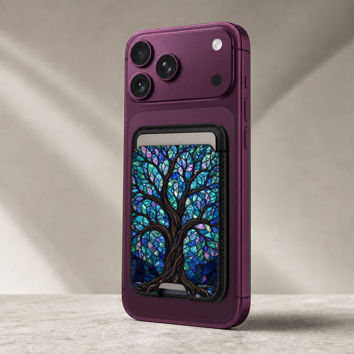 Mystical Tree of Life MagSafe card holder showing the detailed leather finish