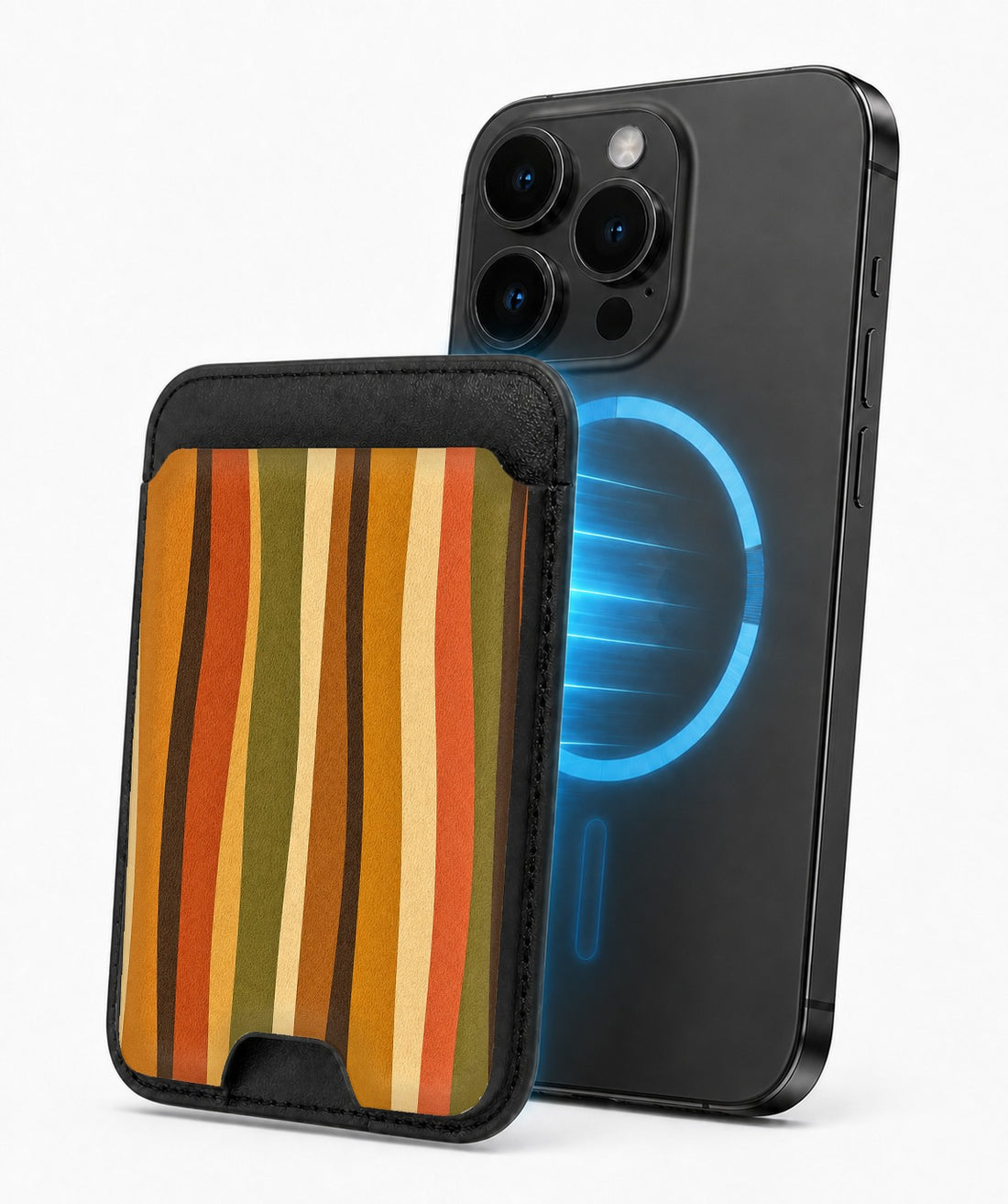 Retro Sunset Stripe MagSafe card holder attached to a compatible iPhone