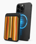 Retro Sunset Stripe MagSafe card holder attached to a compatible iPhone