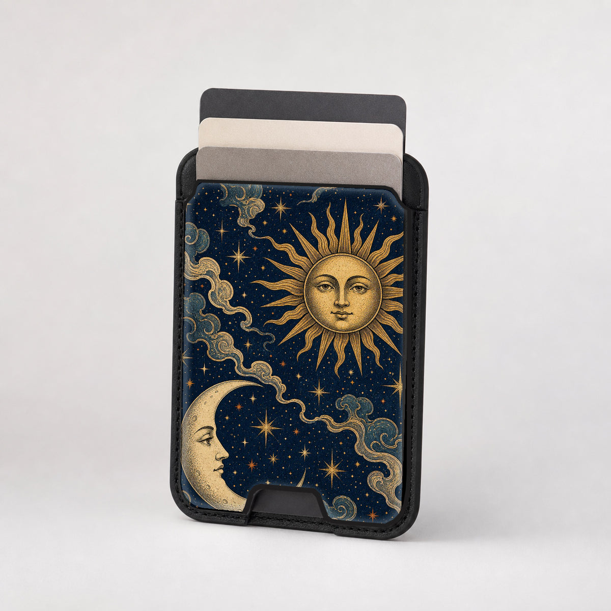 Celestial Sun and Moon MagSafe card holder showing the patterned front