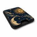 Celestial Sun and Moon MagSafe card holder showing the angled leather surface