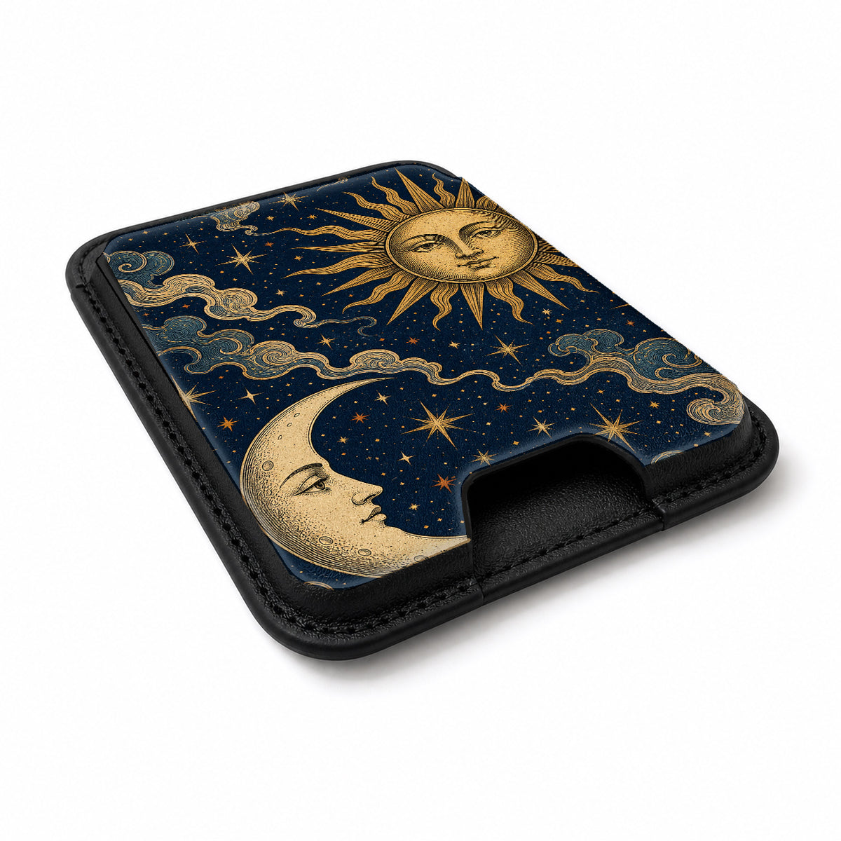 Celestial Sun and Moon MagSafe card holder showing the angled leather surface