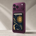 Celestial Sun and Moon MagSafe card holder showing the detailed leather finish