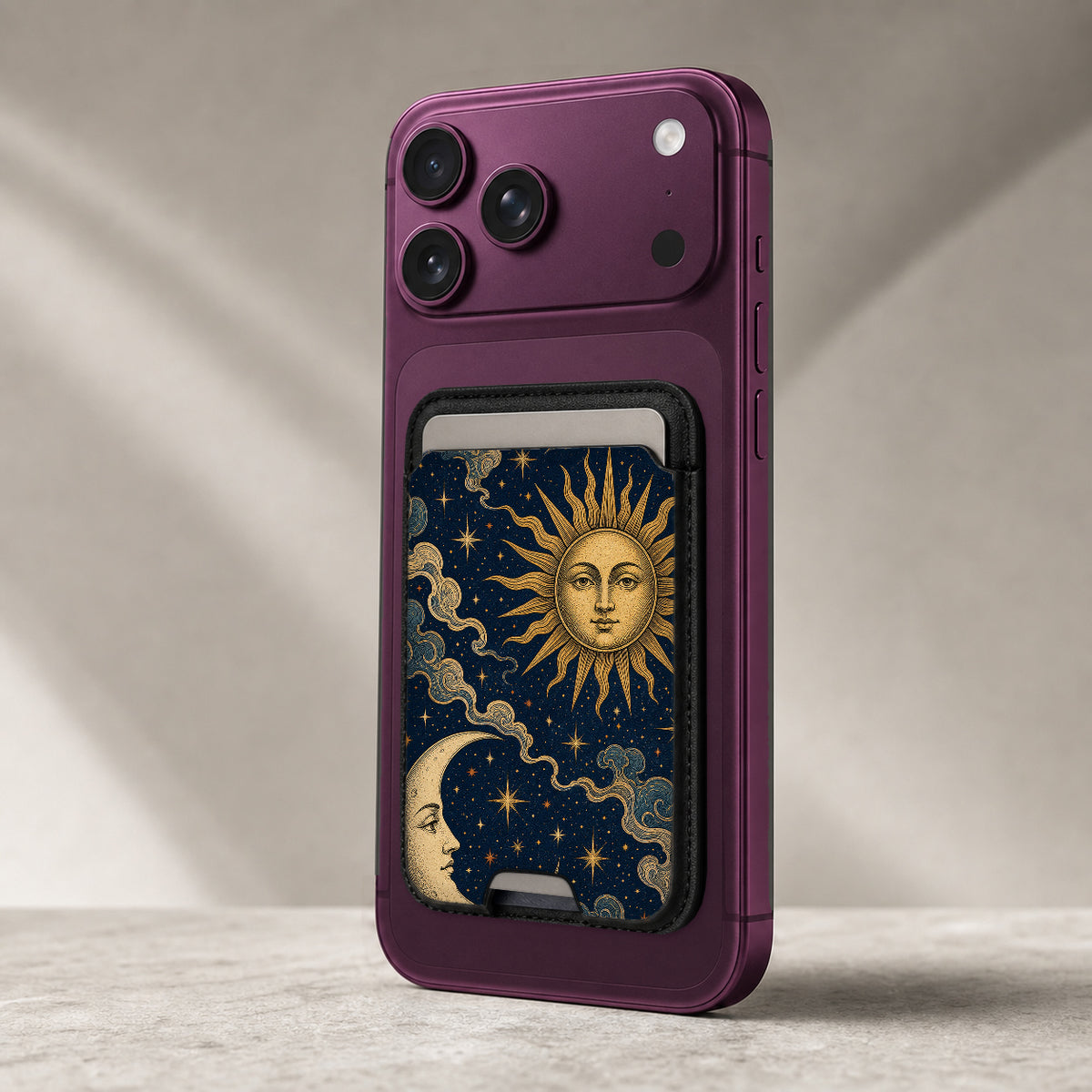 Celestial Sun and Moon MagSafe card holder showing the detailed leather finish